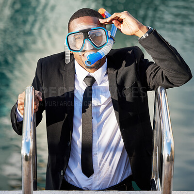 Buy stock photo Businessman, trip and vacation with snorkel, water and travel for fun, corporate and employee. Outdoor, pool and portrait of male worker, diving and nature of sea, city and waves of New York for job