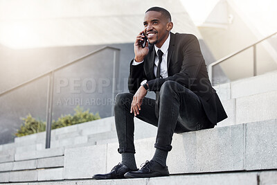 Buy stock photo Businessman, happy and phone call on city steps for networking or business travel plans and communication. Male employee, smartphone and corporate conversation on company feedback or sales review.