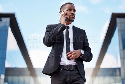 Buy stock photo Businessman, serious and walking with phone call in city for networking or business travel plans and communication. Employee, smartphone and corporate conversation on company feedback or sales review