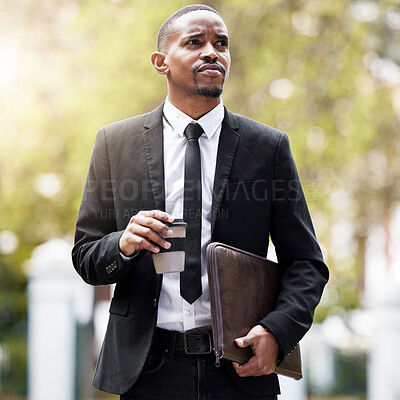 Buy stock photo Coffee, documents and thinking with lawyer black man in park on morning commute to court for trial. Law, legal and vision with confident attorney walking outdoor in garden of city for case or hearing