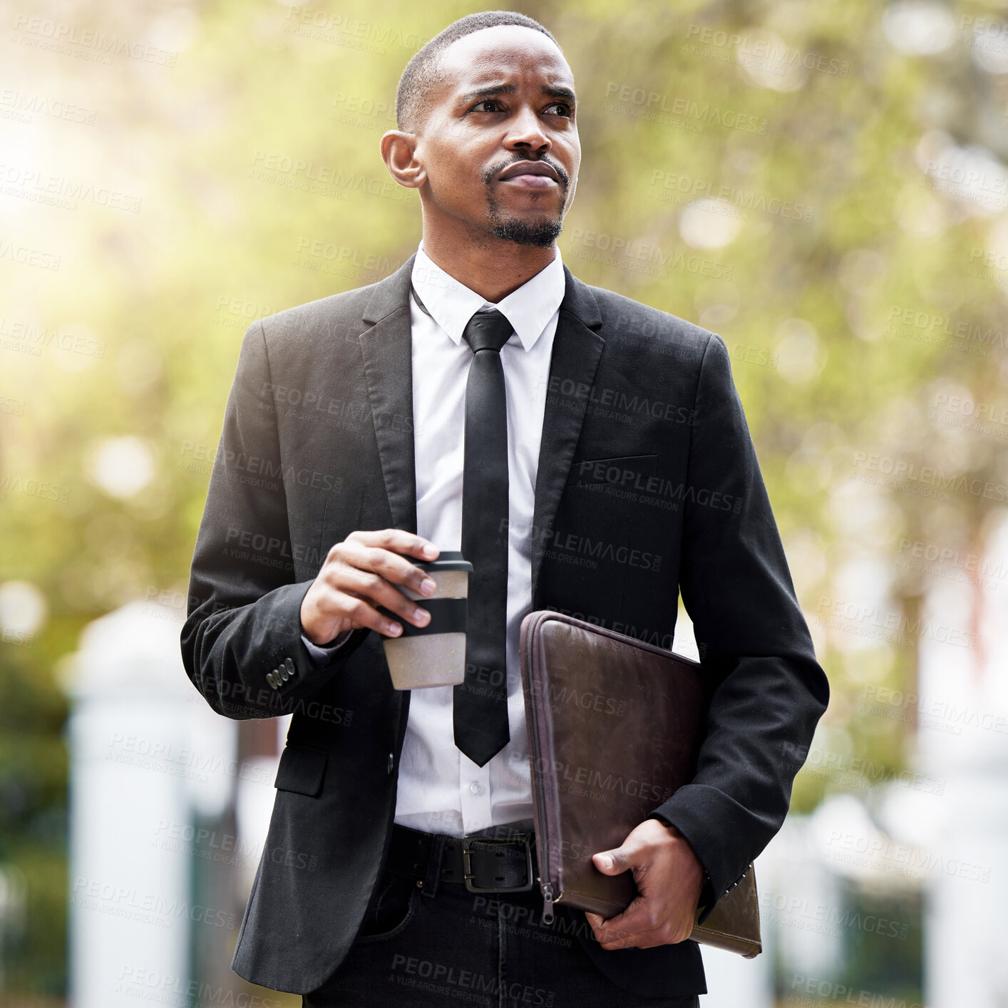 Buy stock photo Coffee, documents and thinking with lawyer black man in park on morning commute to court for trial. Law, legal and vision with confident attorney walking outdoor in garden of city for case or hearing