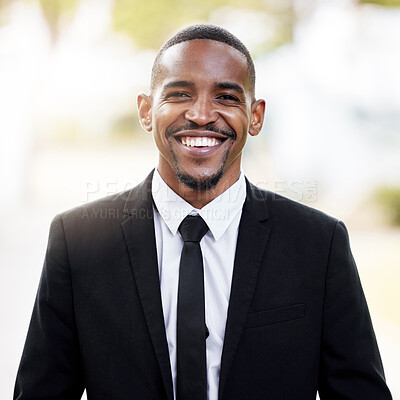 Buy stock photo Happy, black man and fashion in portrait with formal suit outdoor with ambition and insight for business. Confident, male model or financial broker with smile and pride outside for morning commute 