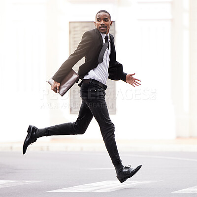 Buy stock photo Late, rush and businessman with running in city for company meeting, appointment or business trip. Black man, anxiety and stress in street with panic for corporate, job interview and opportunity