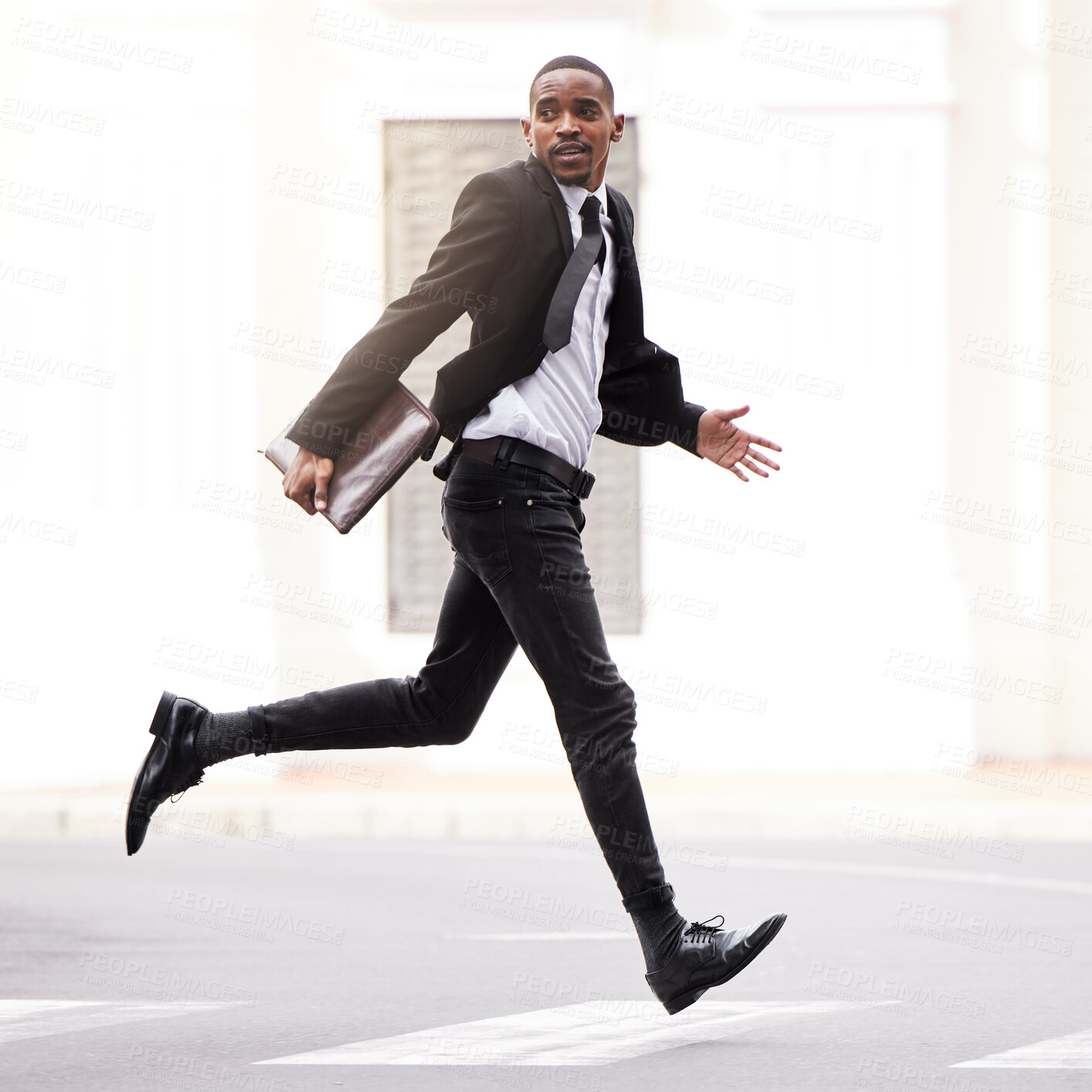 Buy stock photo Late, rush and businessman with running in city for company meeting, appointment or business trip. Black man, anxiety and stress in street with panic for corporate, job interview and opportunity