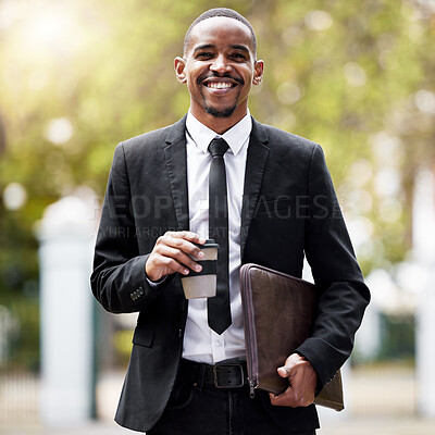 Buy stock photo Coffee, portrait and smile with lawyer black man in park on morning commute to court for trial. Documents, law and legal with confident attorney walking outdoor in garden of city for case or hearing