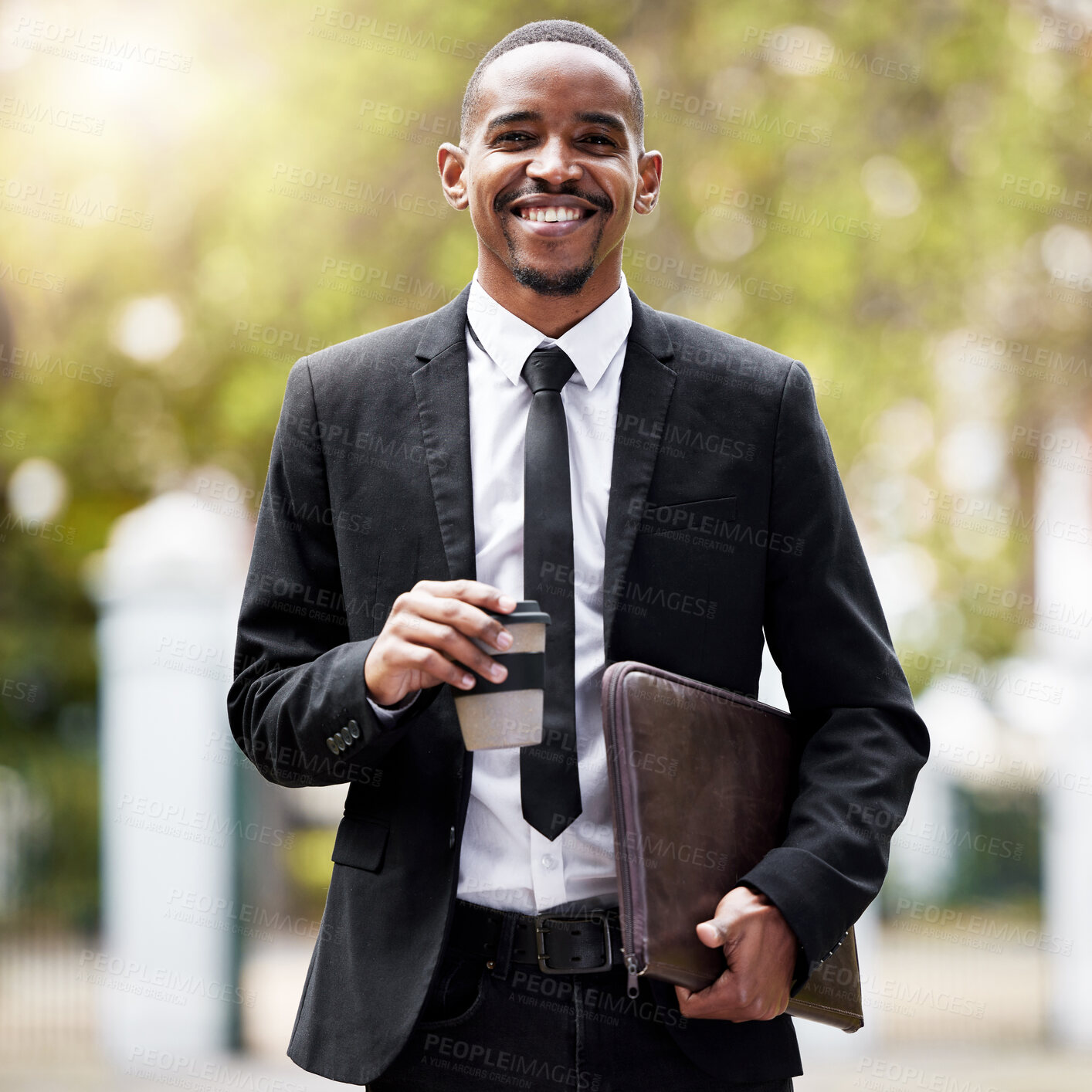 Buy stock photo Coffee, portrait and smile with lawyer black man in park on morning commute to court for trial. Documents, law and legal with confident attorney walking outdoor in garden of city for case or hearing