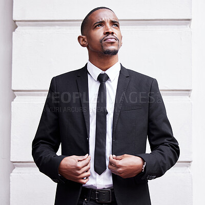 Buy stock photo Serious, thinking and businessman with suit in outdoor for planning, ideas and mission for problem solving. Confident, male person and executive with decision or solution for future growth of company