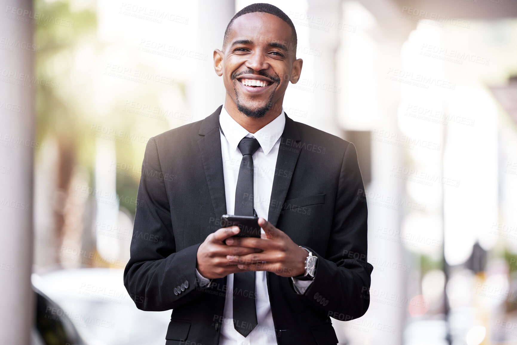 Buy stock photo Professional, portrait and black man with smartphone in city for networking, communication or social media. Break, smile and lawyer on mobile for browsing web, texting or connection in urban town