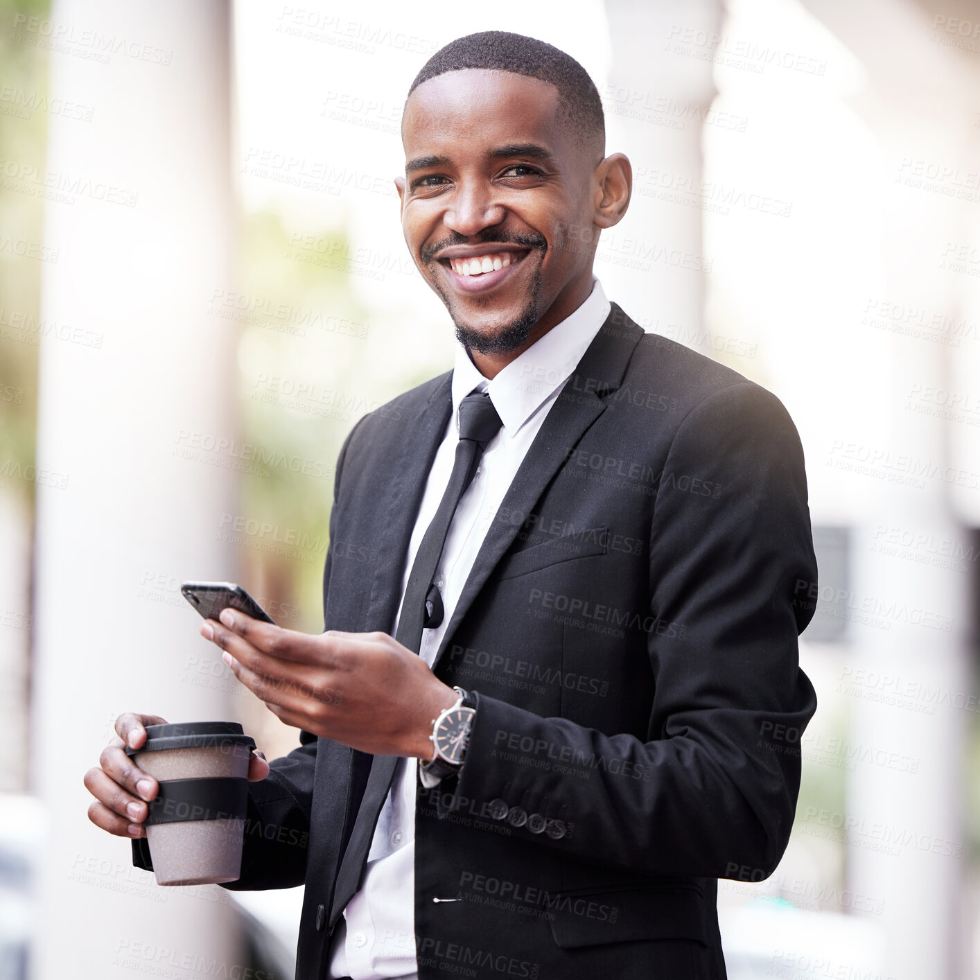 Buy stock photo Portrait, coffee and black man with smartphone in city for ride share, online location or commute. Search, smile and lawyer on mobile phone for transport service, travel or drive app in urban town
