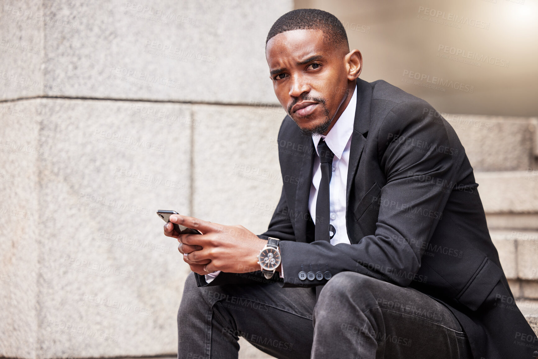 Buy stock photo Businessman, portrait and smartphone or communication in street for career, sitting and typing or email. Male advocate, mobile and text with web for court case in city, chat with technology for legal