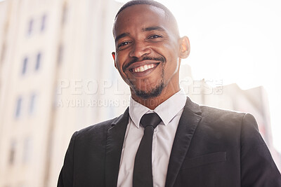 Buy stock photo Happy, businessman and fashion in portrait with formal suit, sunshine and ambition mindset. Confident, male model or financial broker with smile outside for travel or commute to workplace with pride