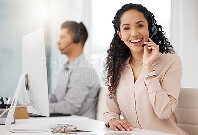 Buy stock photo Woman, portrait and call center agent working on computer in an office, startup or telemarketing company. Happy, person and job in customer service, support or consulting work, crm or communication