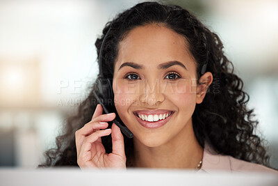 Buy stock photo Happy woman, portrait smile and headphones in call center for customer service or support at the office. Face of friendly female person, consultant or agent smiling for online advice in contact us