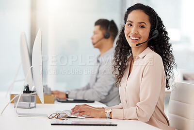 Buy stock photo Portrait, call center and computer with a woman consultant working in her office for support or assistance. Customer service, contact us or crm with a happy female employee consulting using a headset