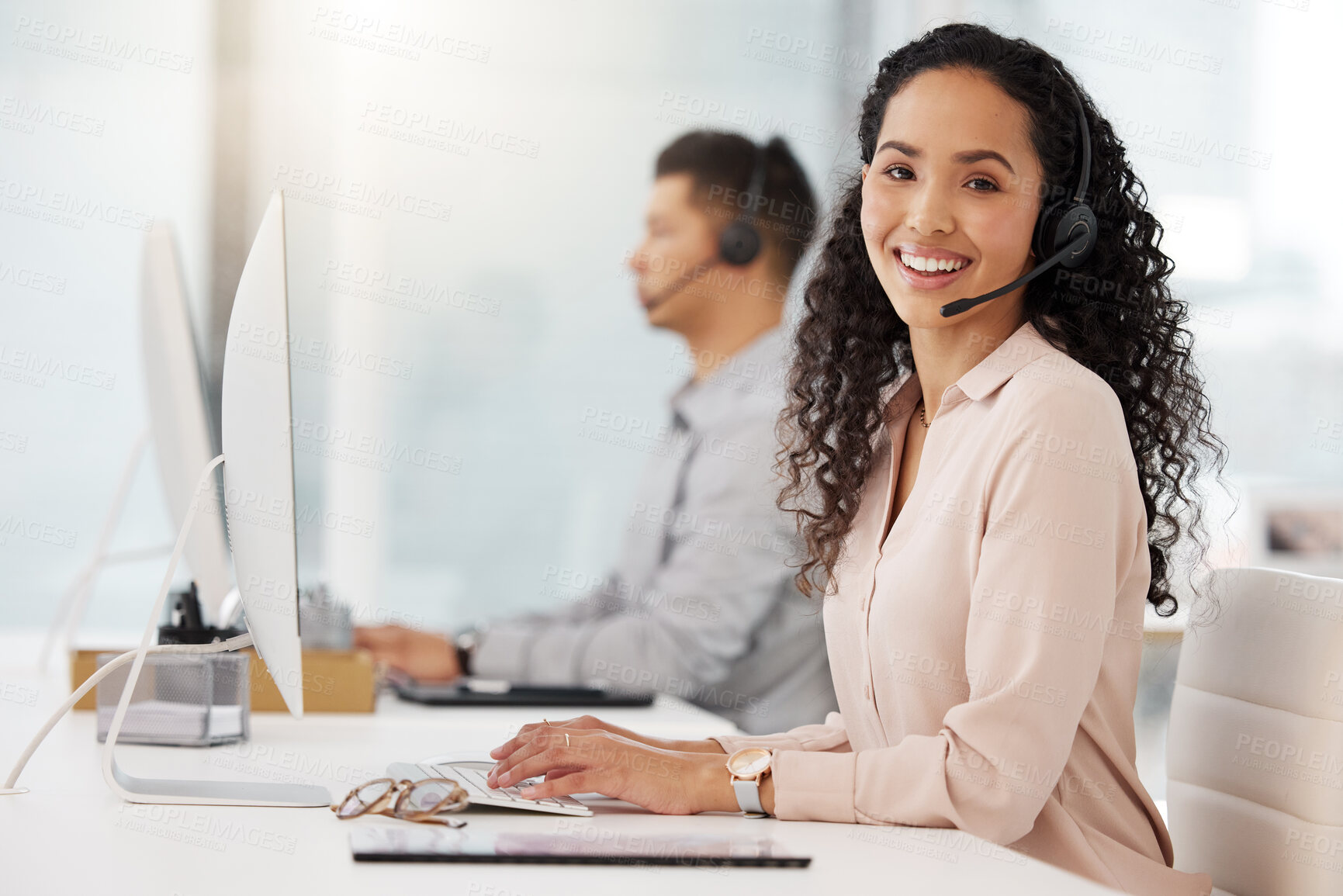 Buy stock photo Portrait, call center and computer with a woman consultant working in her office for support or assistance. Customer service, contact us or crm with a happy female employee consulting using a headset