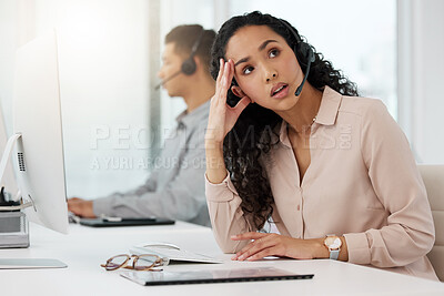 Buy stock photo Business woman, call center and frustrated in stress, burnout or customer service at office. Annoyed and tired female person, consultant or agent talking to difficult client or complaint at workplace