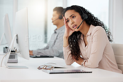 Buy stock photo Business woman, call center and frustrated in customer service, stress or burnout at office. Annoyed and tired female person, consultant or agent talking to difficult client or complaint at workplace