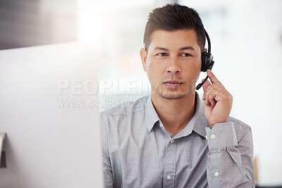 Buy stock photo Businessman, call center and headphones in customer service, support or telemarketing at the office. Man consultant or agent with headset for online advice or telesales in contact us at the workplace