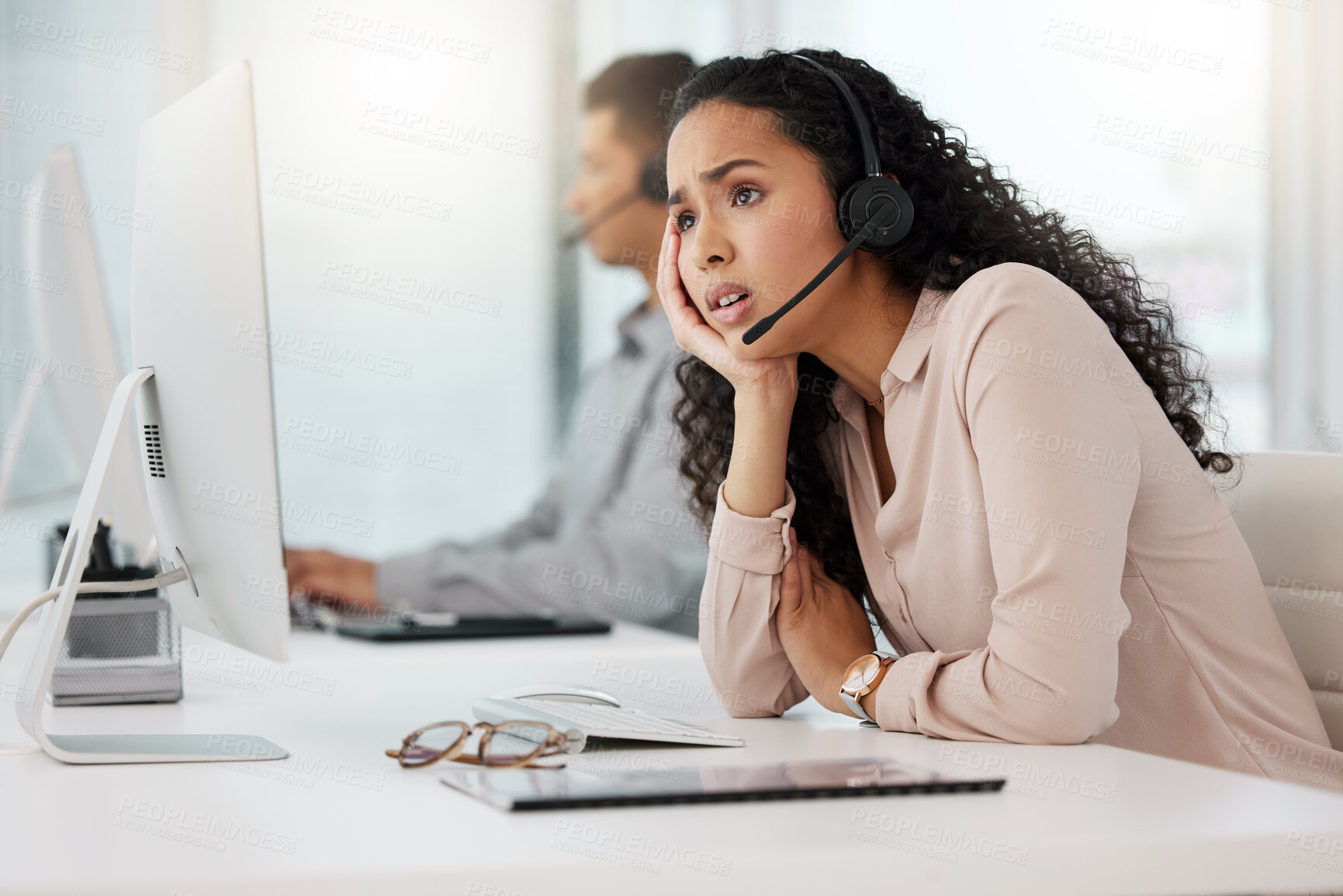 Buy stock photo Business woman, call center and frustrated in anxiety, stress or customer service at office. Annoyed female person or consultant agent talking to difficult client or complaint in burnout at workplace