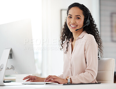 Buy stock photo Portrait, call center woman and agent working on computer in an office, startup or telemarketing company. Happy, person and job in customer service, support or consulting work, crm or communication