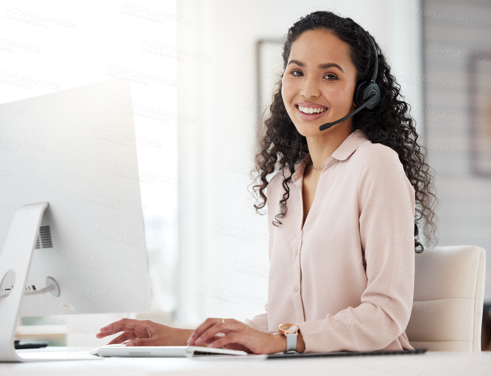 Buy stock photo Portrait, call center woman and agent working on computer in an office, startup or telemarketing company. Happy, person and job in customer service, support or consulting work, crm or communication