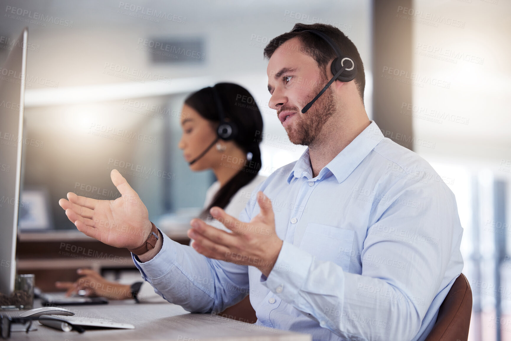 Buy stock photo Man, telemarketing and call center with computer for customers, contact and business deal. Sales representative, consulting and pc with headset for digital communication, networking and negotiation