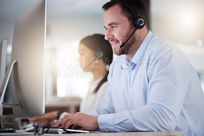 Buy stock photo Call center, consulting and computer with business man in office for communication, customer service or help desk. Telemarketing, sales and advice with employee for commitment, contact us and hotline