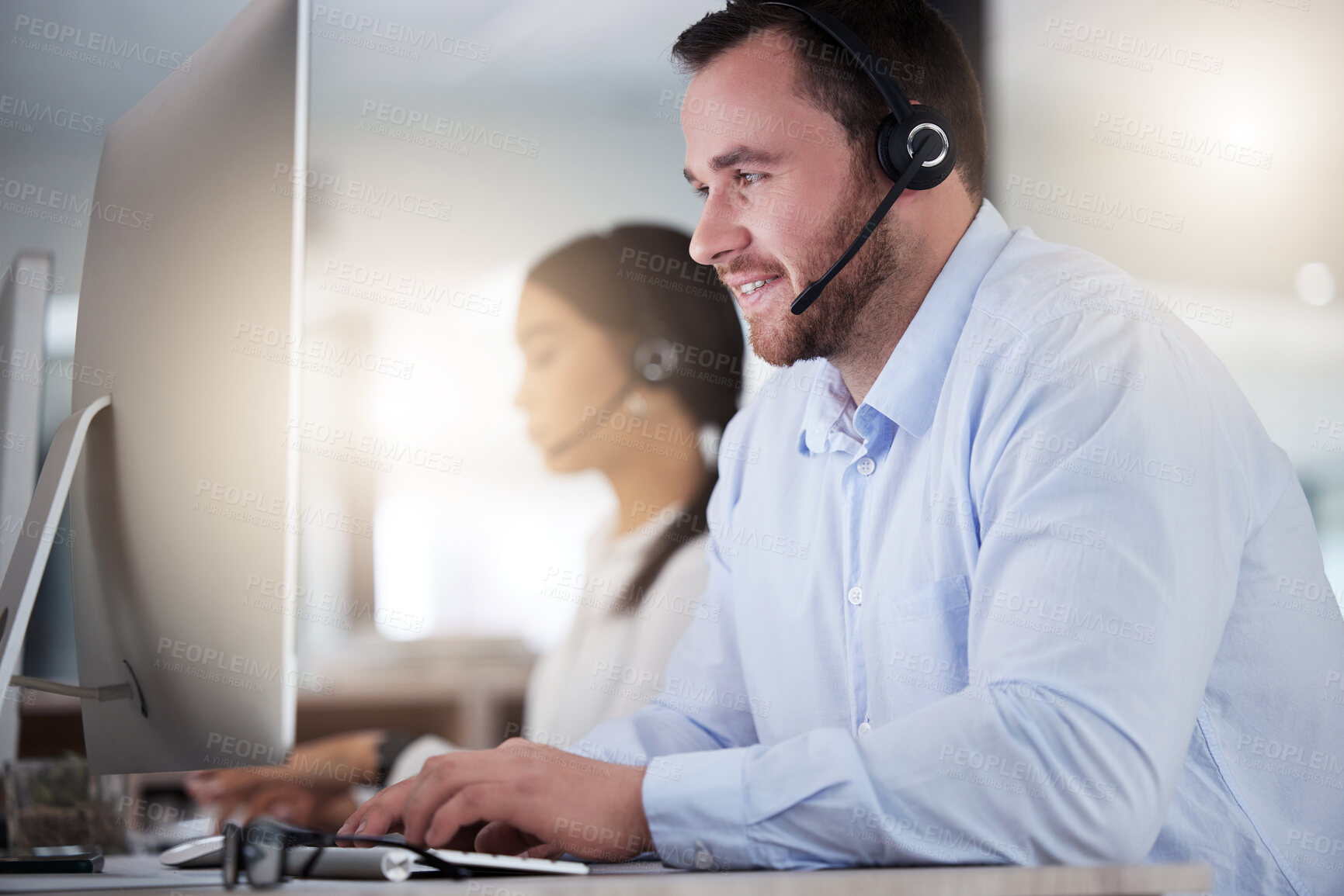 Buy stock photo Call center, consulting and computer with business man in office for communication, customer service or help desk. Telemarketing, sales and advice with employee for commitment, contact us and hotline