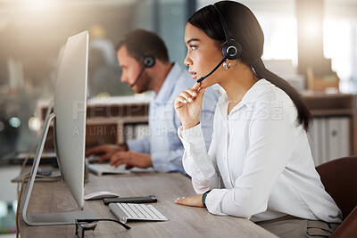 Buy stock photo Call center, consulting and computer with business woman in office for communication, customer service and help desk. Telemarketing, sales and advice with employee for focus, contact us and hotline