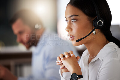 Buy stock photo Woman, telemarketing and call center with thinking for customers, contact and business deal. Sales representative, consulting and pc with headset for digital communication, networking and negotiation