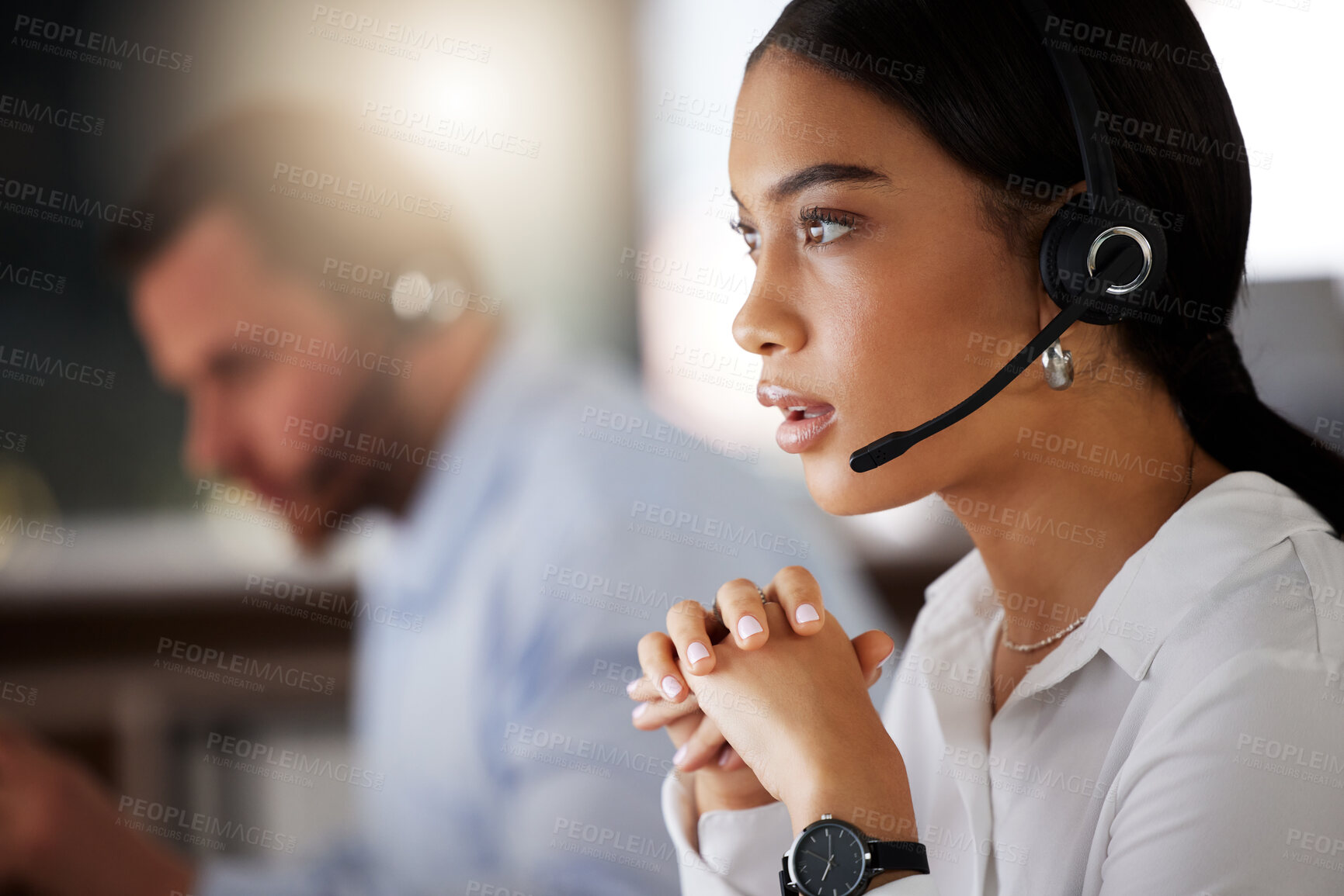 Buy stock photo Woman, telemarketing and call center with thinking for customers, contact and business deal. Sales representative, consulting and pc with headset for digital communication, networking and negotiation