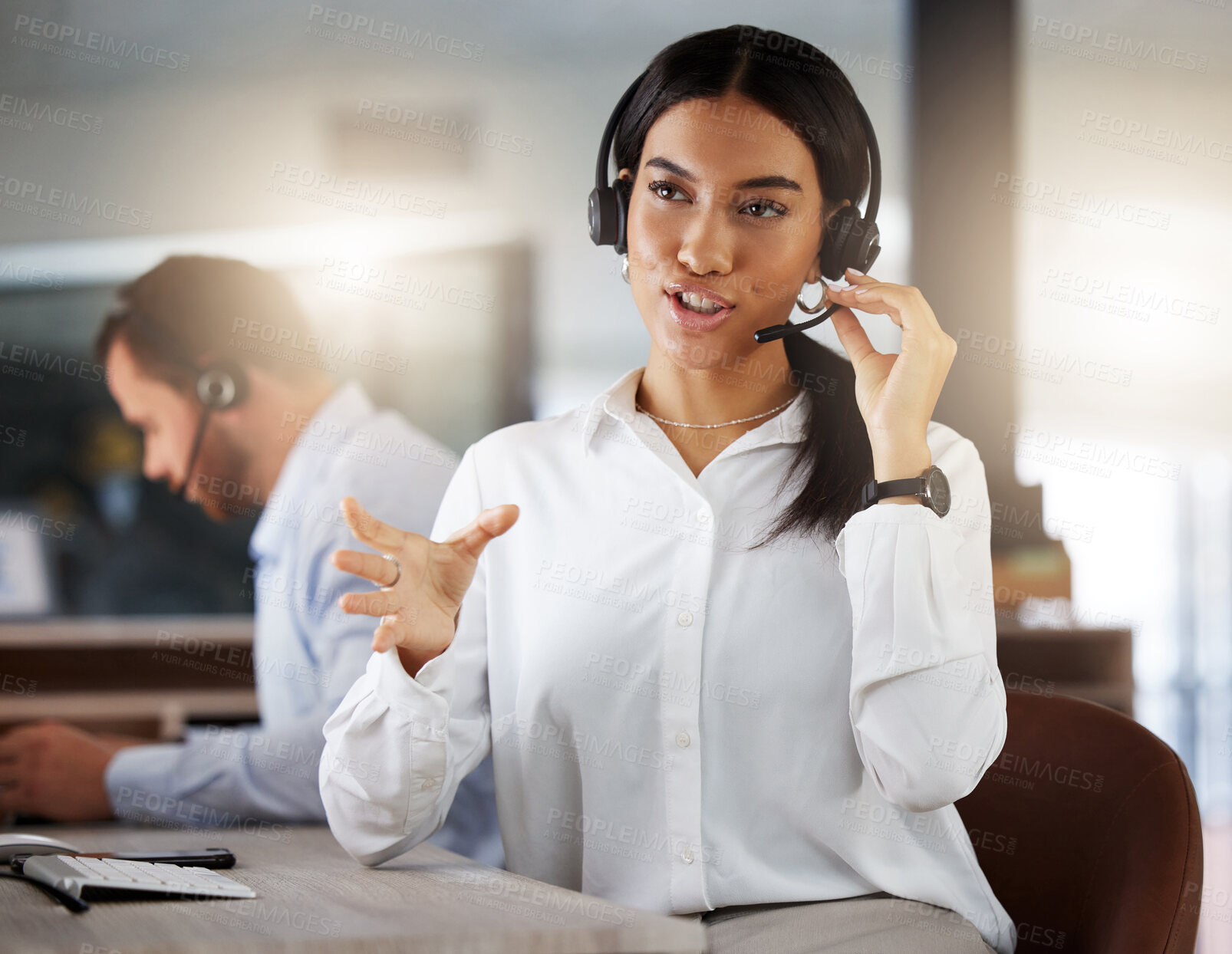 Buy stock photo Call centre, agent and woman with headset, talking and consulting for insurance, customer service and support. Office, employee and telemarketing for sales, assistance and help desk, agency and job