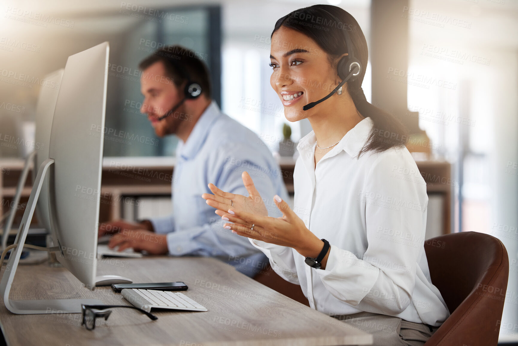 Buy stock photo Call center, consulting and computer with woman in office for communication, customer service or help desk. Telemarketing, sales and advice with female employee for commitment, contact us and hotline