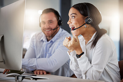 Buy stock photo Call centre, agent and woman with computer, winner and goal of target, milestone and achievement of customer service. Office, employees and surprise for telemarketing, sales and help desk of agency