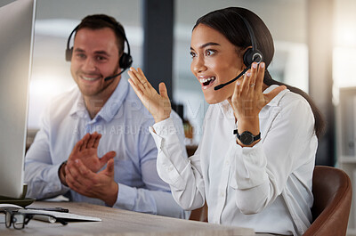 Buy stock photo Call centre, surprise and woman with computer, excited and goal of target, milestone and achievement of customer service. Office, employee and clapping for telemarketing, sales and help desk of job