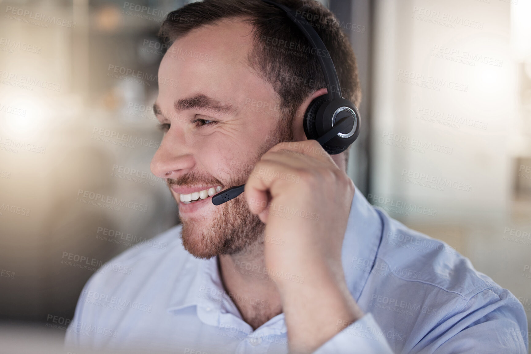 Buy stock photo Smile, call center and man listening on mic for help, tech support or customer service in business office. Headset, telemarketing and professional talking for crm advice, communication or contact us