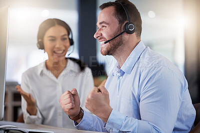 Buy stock photo Celebration, man and woman with headset, call centre and winner of target, telemarketing and email on computer. Agency, customer service and male worker with achievement, excited and happy for bonus