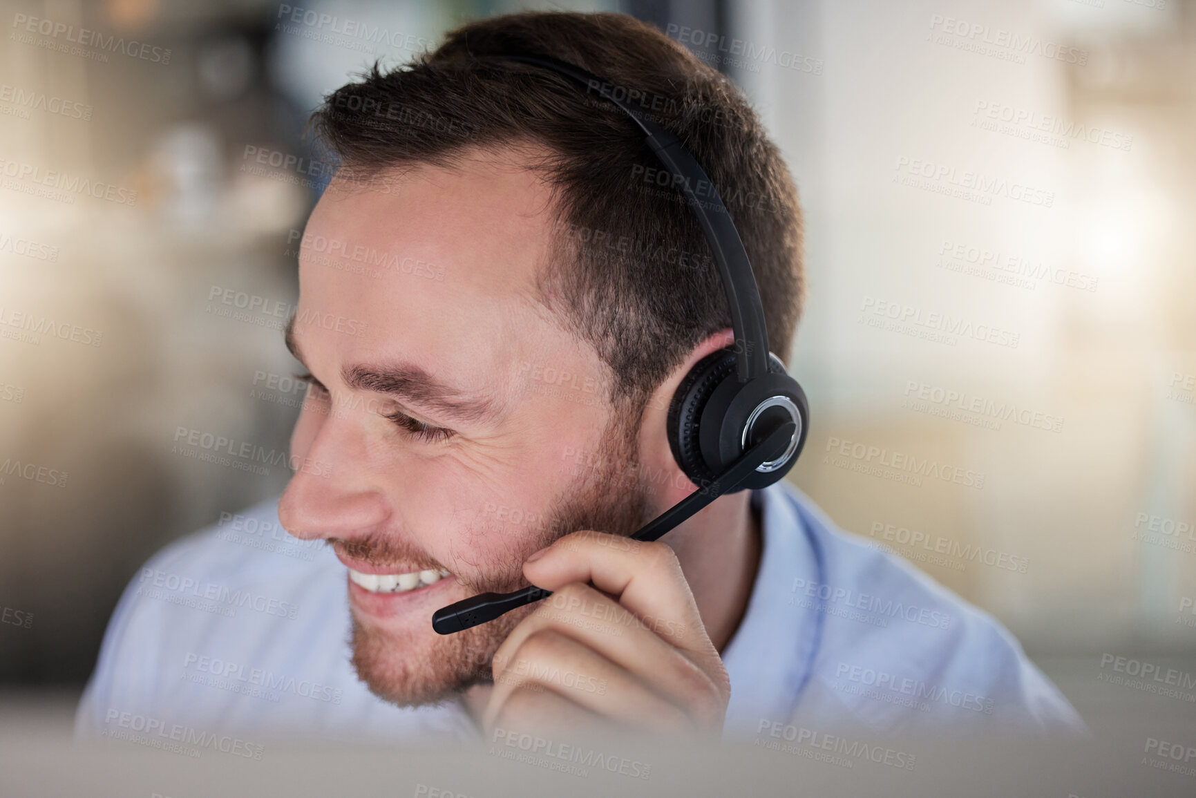 Buy stock photo Call center, consulting and business with man in office for communication, customer service or help desk. Telemarketing, sales and advice with male employee for commitment, contact us and hotline