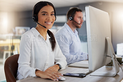 Buy stock photo Call center, consulting and computer with portrait of woman in office for communication, customer service or help desk. Happy, sales and advice with employee for commitment, contact us and hotline