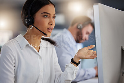 Buy stock photo Call center, advisory and computer with woman in office for communication, customer service or help desk. Telemarketing, sales and advice with female employee for commitment, contact us and hotline