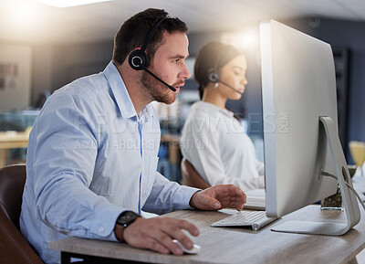 Buy stock photo Call center, focus and computer with man in office for communication, customer service or help desk. Telemarketing, sales and advice with male employee for commitment, contact us and hotline