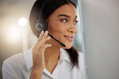 Buy stock photo Call center, consulting and online with woman in office for communication, customer service or help desk. Telemarketing, sales and advice with female employee for commitment, contact us and hotline