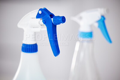 Buy stock photo Spray, bottle and product for cleaning closeup in home or detergent in container for janitor service. Chemical, cleaner and tools for washing dirt, dust and protection from bacteria and germs