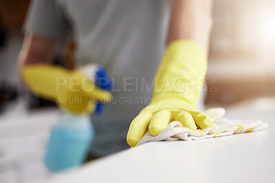 Buy stock photo Person, cleaning and cloth in hands with spray, product or janitor with detergent bottle for service in home. Chemical, cleaner and tools for washing dirt, dust and protection from bacteria and germs