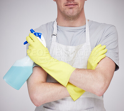 Buy stock photo Janitor, hands and cleaning with spray, bottle or detergent product for maid service in home or business. Chemical, cleaner and man with tools for washing dirt or sanitizer for bacteria and germs