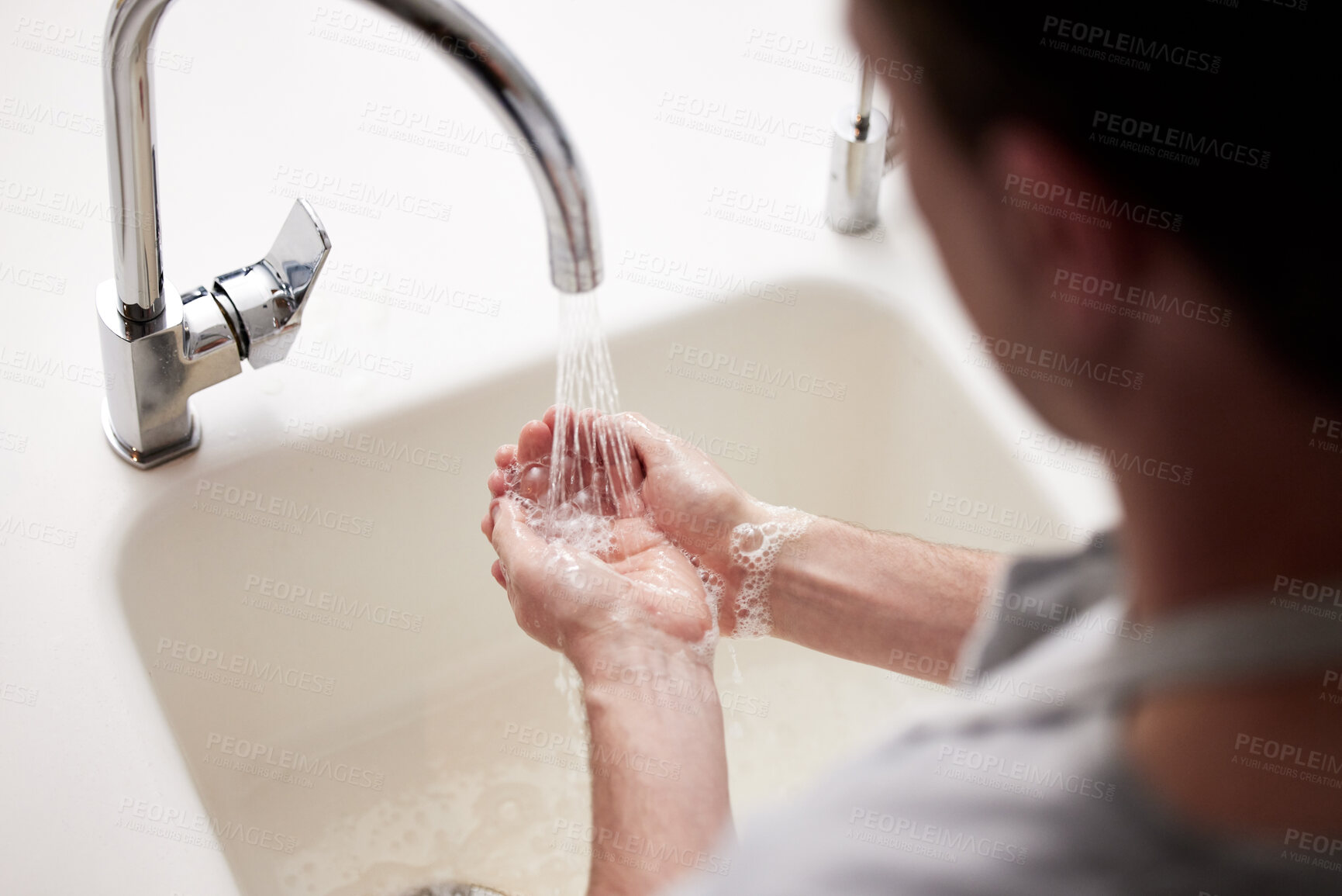 Buy stock photo Hands, washing and water with soap in house for hygiene with wellness for cleanliness. Bathroom, health and prevention of flu with disinfect with protection from infection with cleansing for care