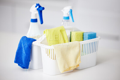 Buy stock photo Cleaning, tools and spray product in bottle for home disinfection or detergent container for janitor service. Chemical, cleaner or washing supplies with cloth and protection from bacteria or germs