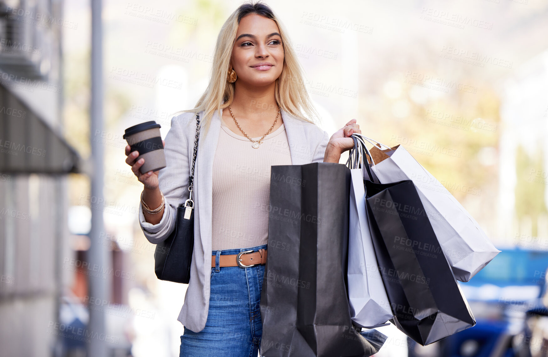Buy stock photo Outdoor, woman and shopping with bags, retail or happiness with luxury products, New York or discount deal. Person, consumer or girl with sale, summer or fashion in urban town with purchase or coffee
