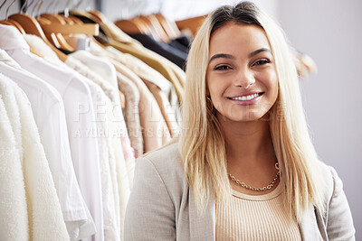 Buy stock photo Clothes rack, shopping mall and portrait of fashion designer woman in boutique or store for sale. Retail, smile and welcome with happy small business owner in clothing shop for bargain or discount