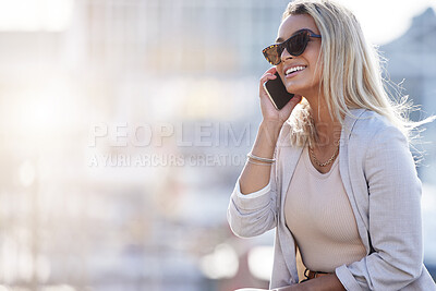 Buy stock photo Space, travel and woman with phone call in city for communication, connectivity or update on holiday. Person, mockup and happy on adventure with tech for networking, conversation or vacation in Dubai